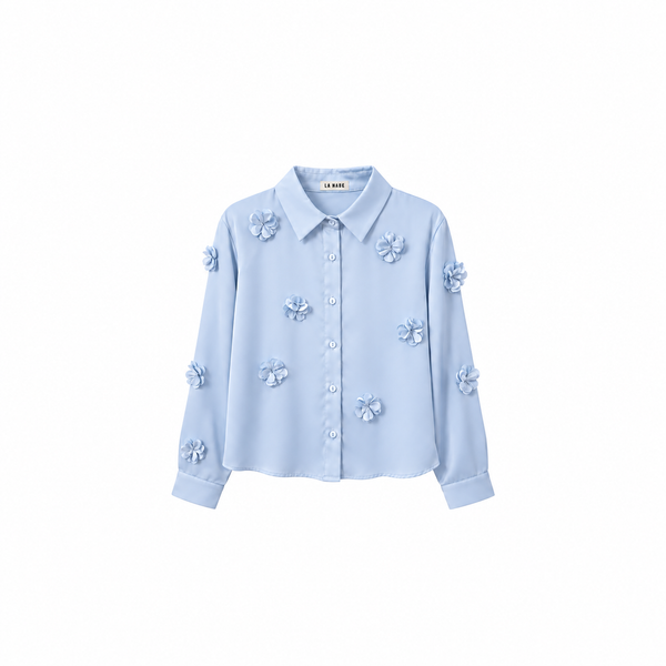 Blusa Azul Tacto Seda Flores Incrustadas