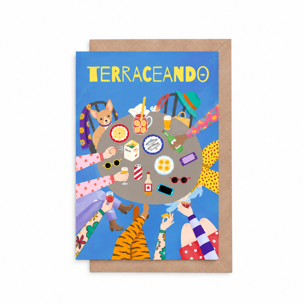 A6 Tarjeta o Postal con Sobre Terraceando — postal ilustrada de sol, mar, La Nabe