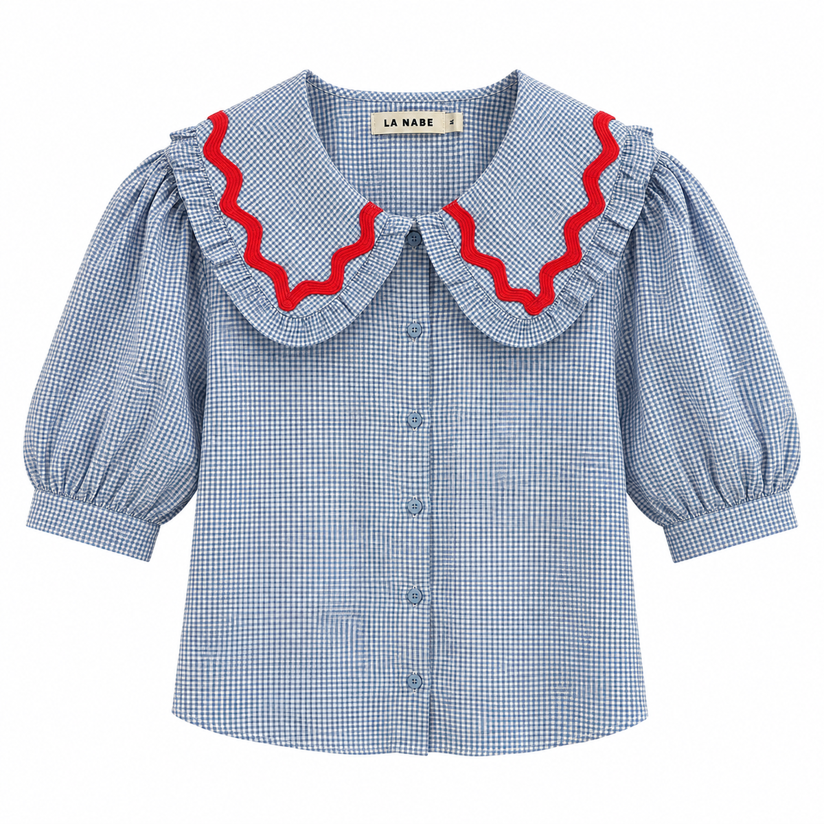 Camisa o Blusa Vichy Azul Claro y Blanco Cuello Bebè