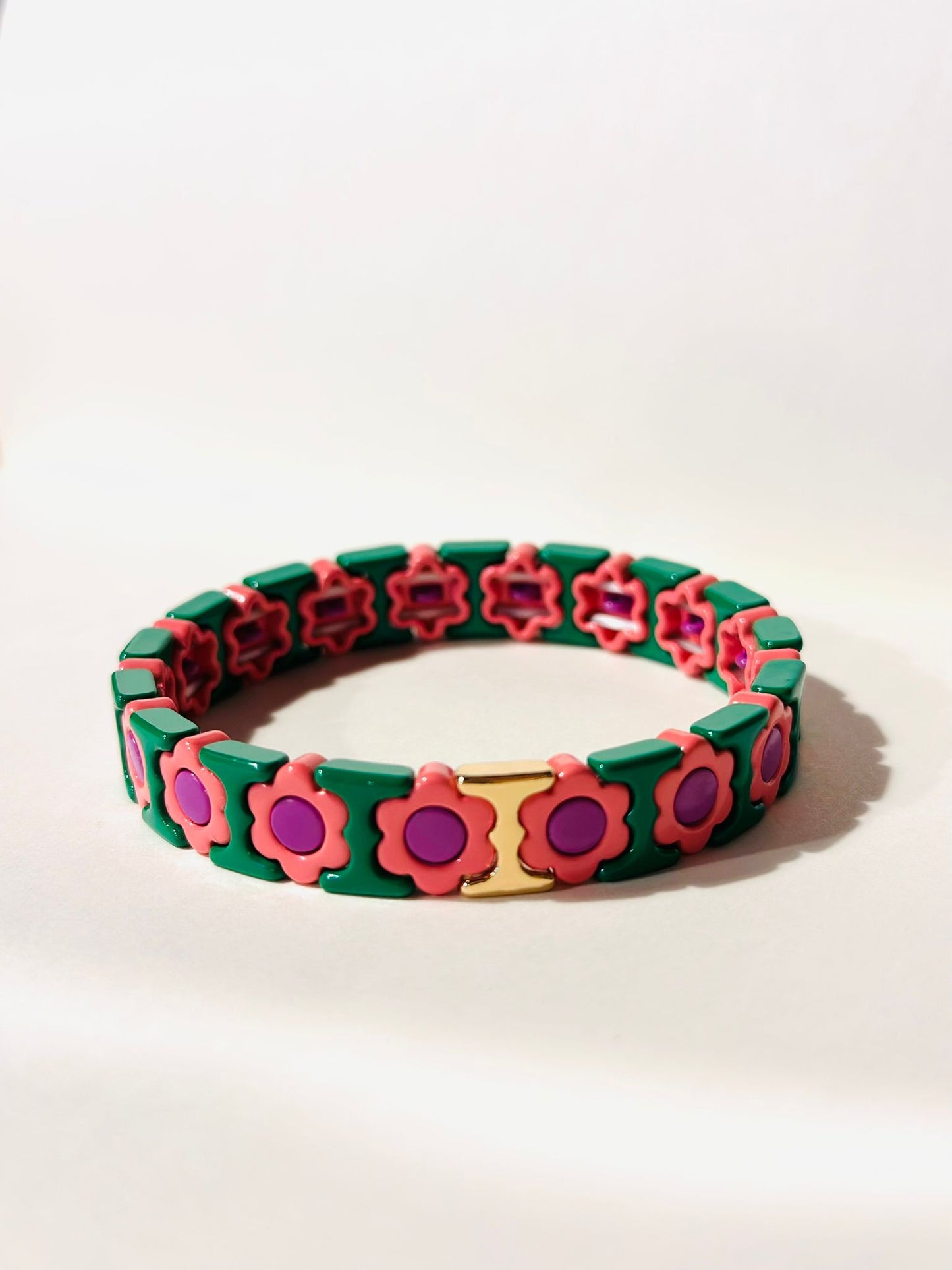 Pulsera Elástica Flores Verde con Rosa