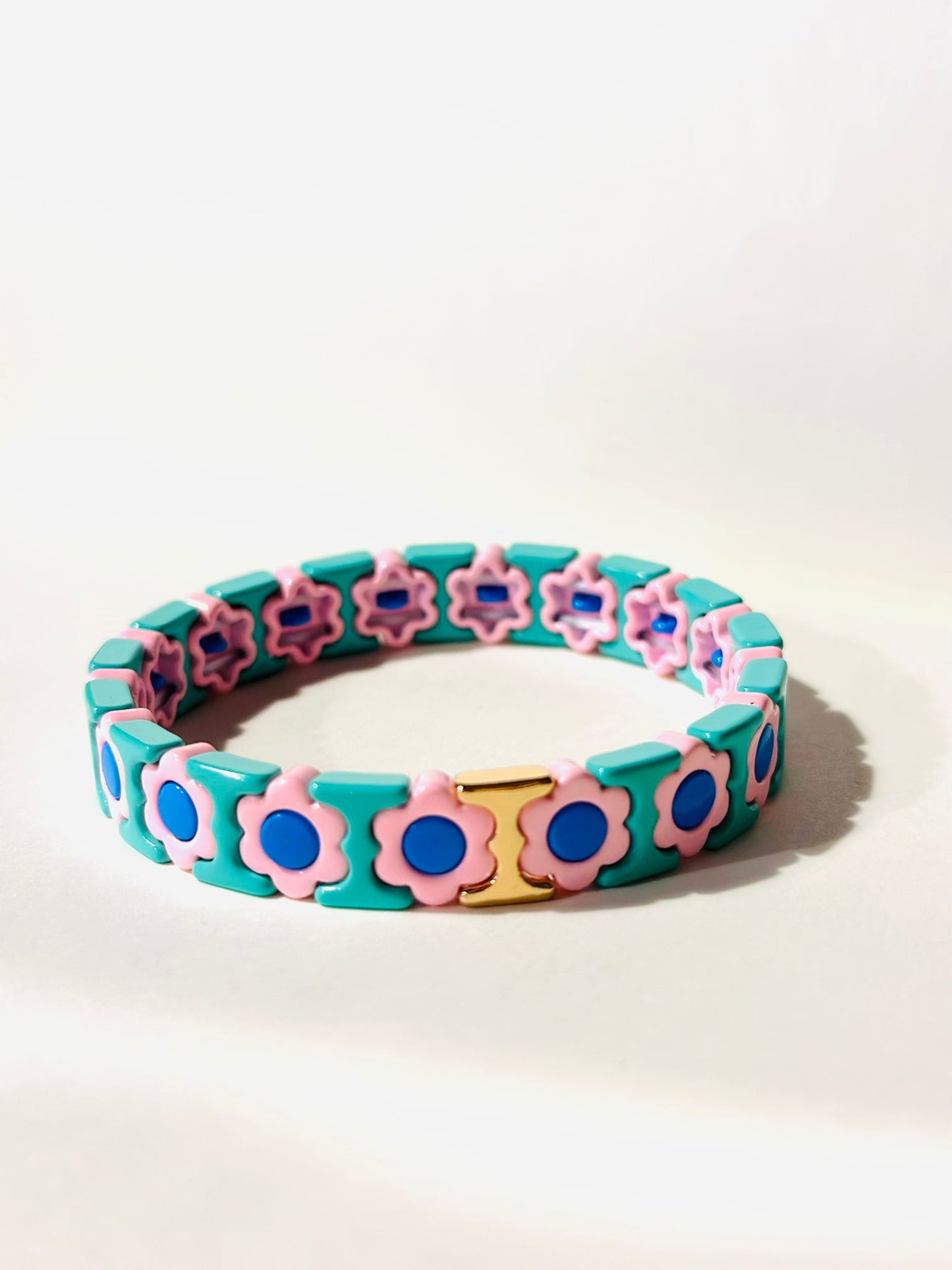 Pulsera Elástica Flores Verde Menta con Rosa