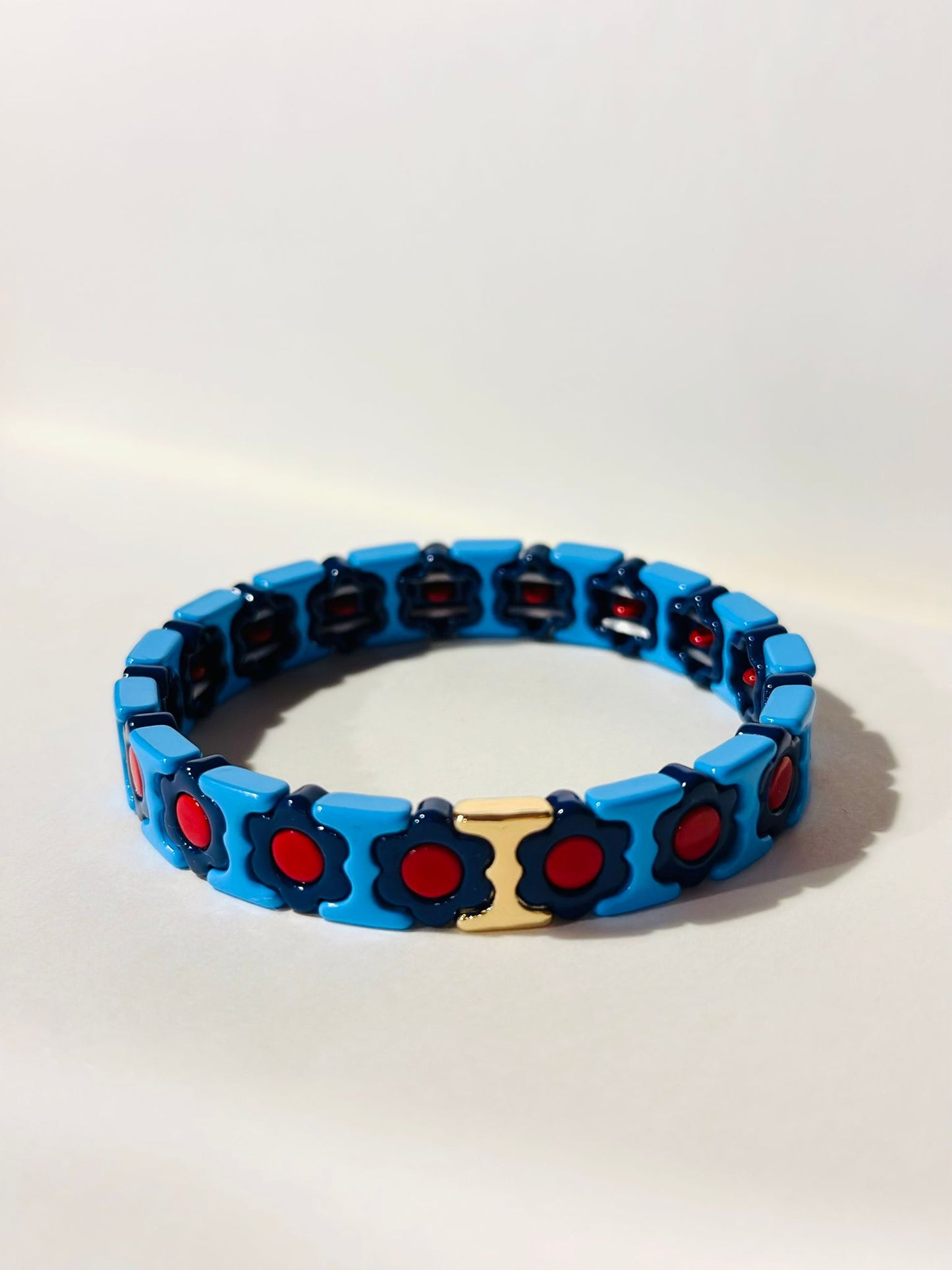 Pulsera Elástica Flores Azul con Rojo