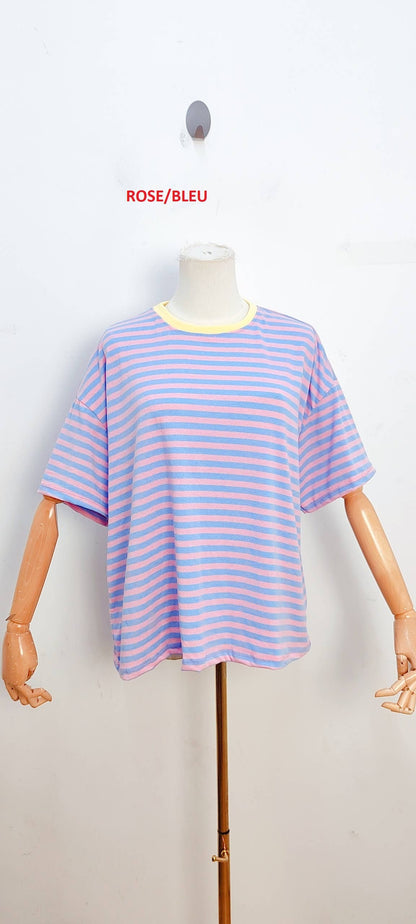 Camiseta de rayas de manga corta rosa y azul