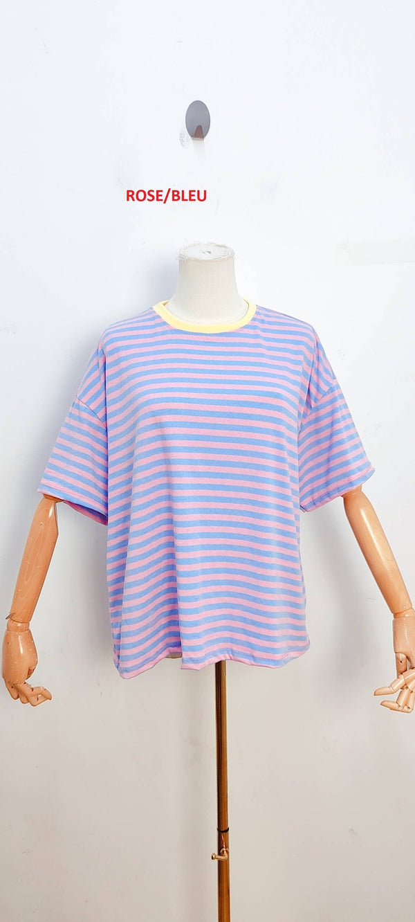 Camiseta de rayas de manga corta rosa y azul