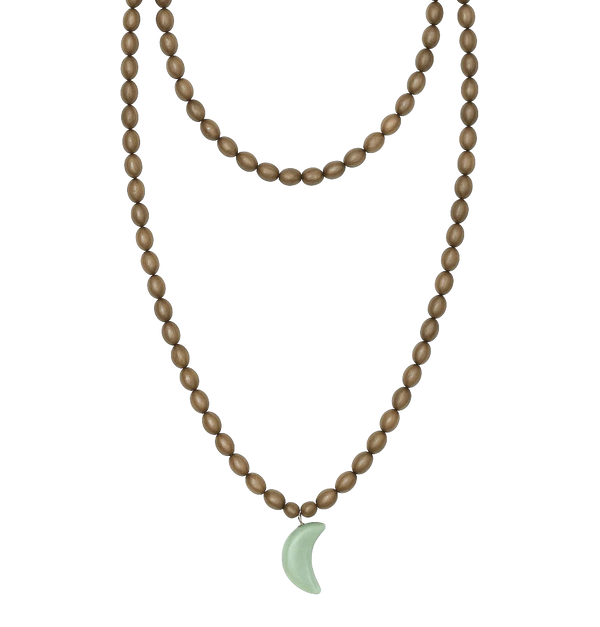 Collar Cuentas Semillas Topo Gris con Luna Cuerno Azul