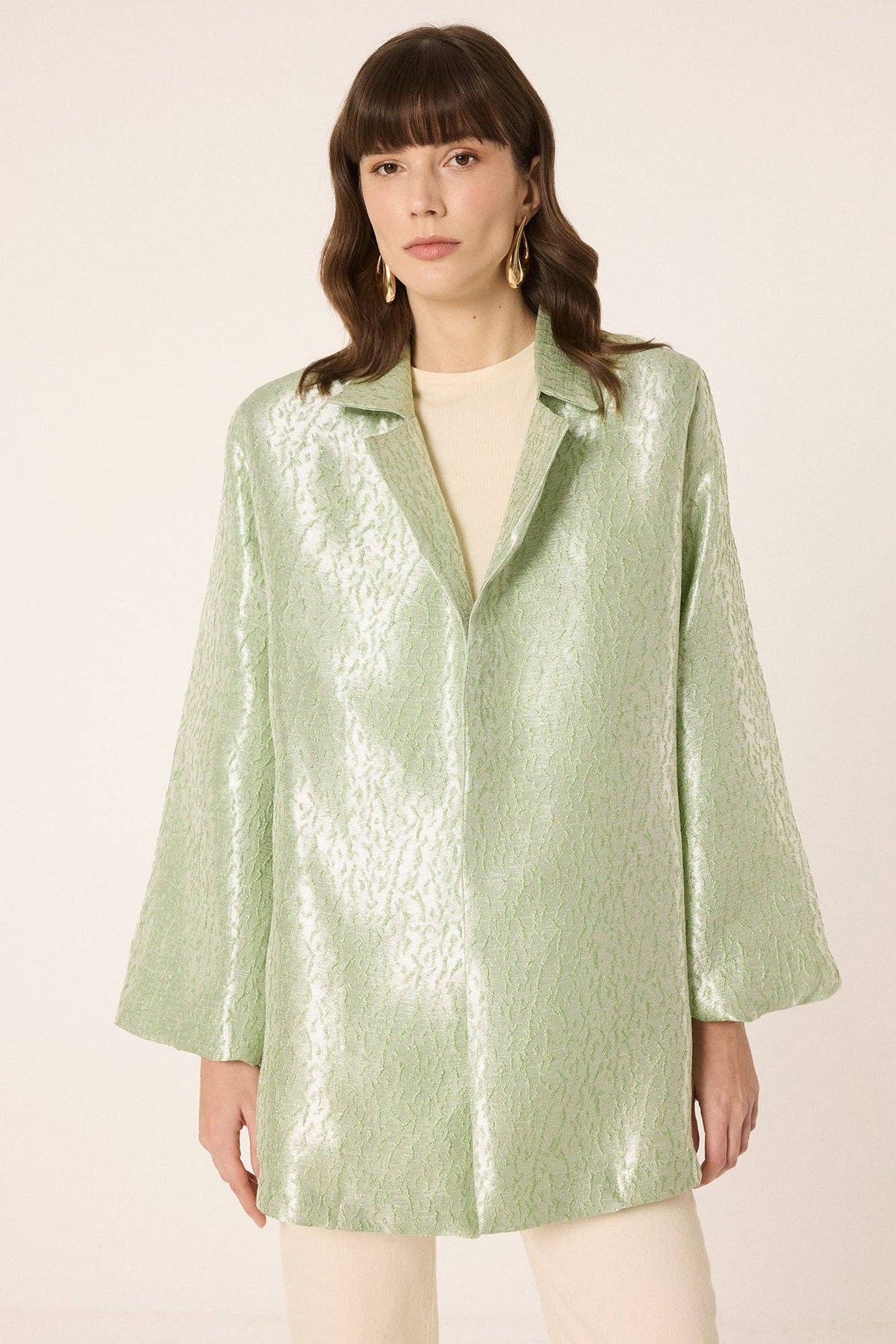 Chaqueta Kimono Jacquard Verde Agua con Cinturón