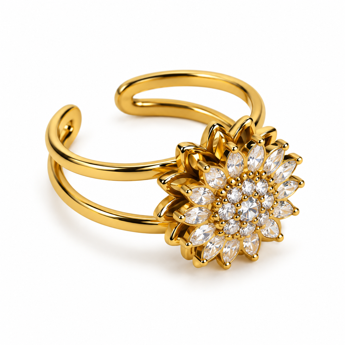 Anillo giratorio dorado con flor de brillantes sobre fondo blanco