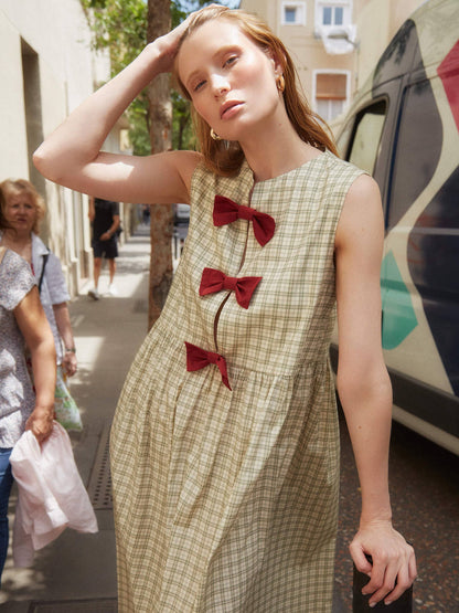 Vestido Cuadros Verde y Lazos Granates