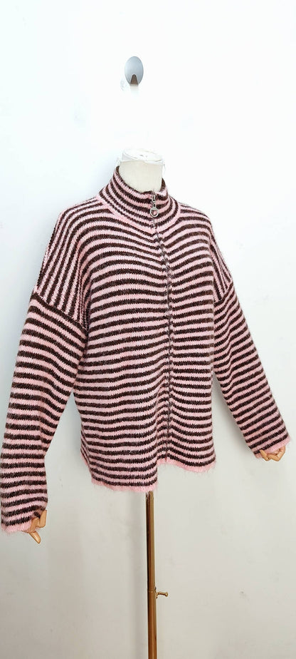 Jersey de rayas con cremallera rosa y chocolate