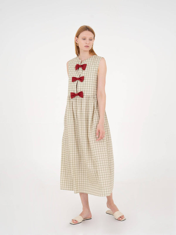 Vestido Cuadros Verde y Lazos Granates