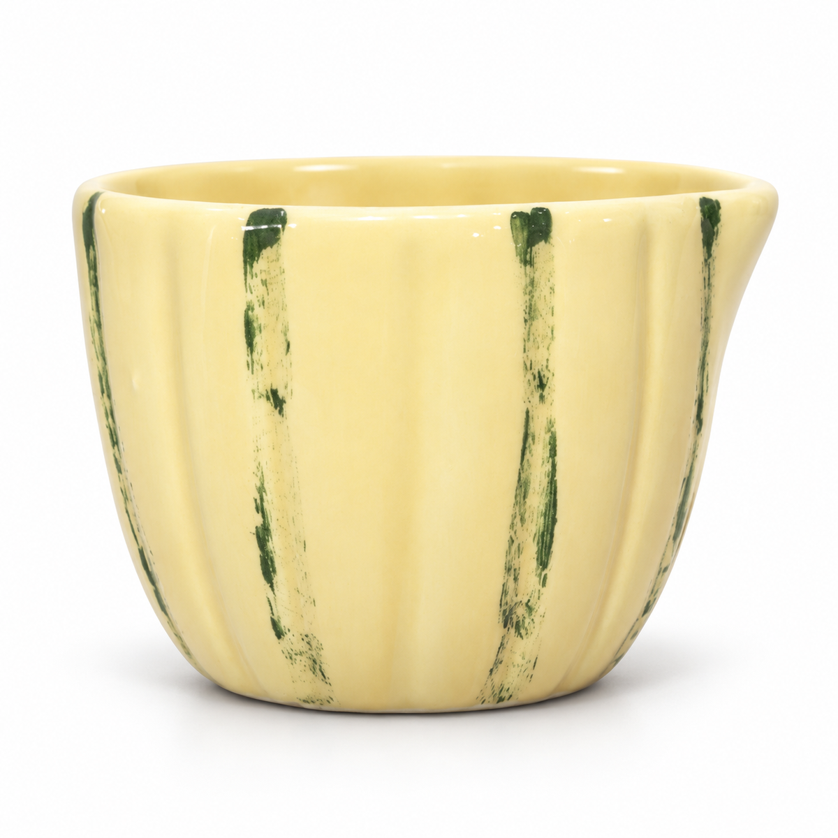 Bote salsa jarrita beige con rayas verdes sobre fondo blanco