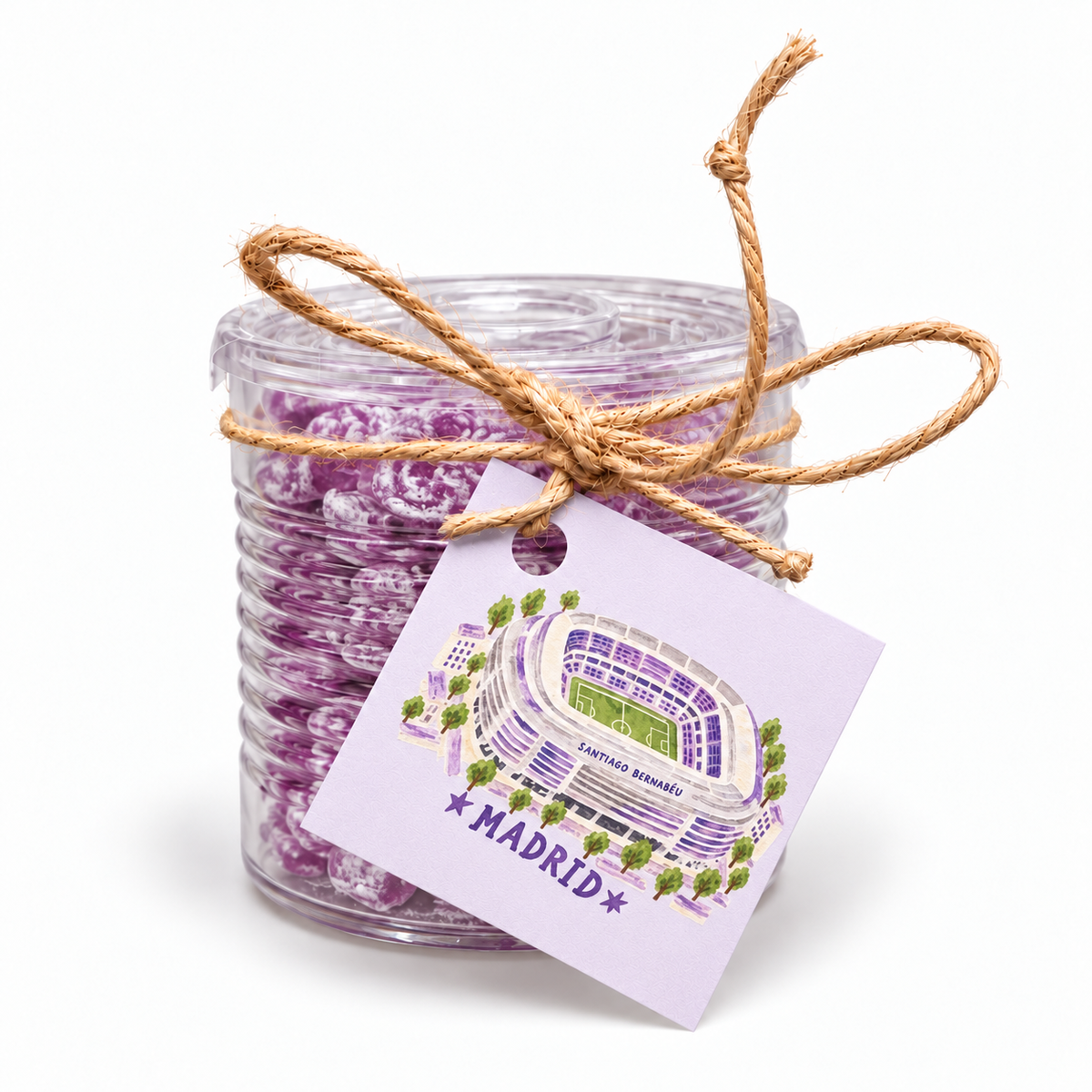 Bote de caramelos de violeta con etiqueta Santiago Bernabéu