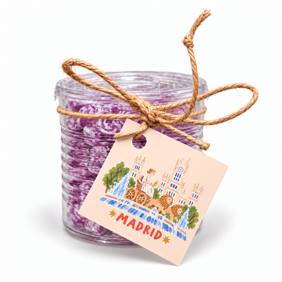 Bote de caramelos de violeta con etiqueta Fuente de Cibeles