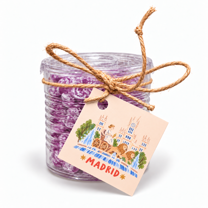 Bote de caramelos de violeta con etiqueta Fuente de Cibeles