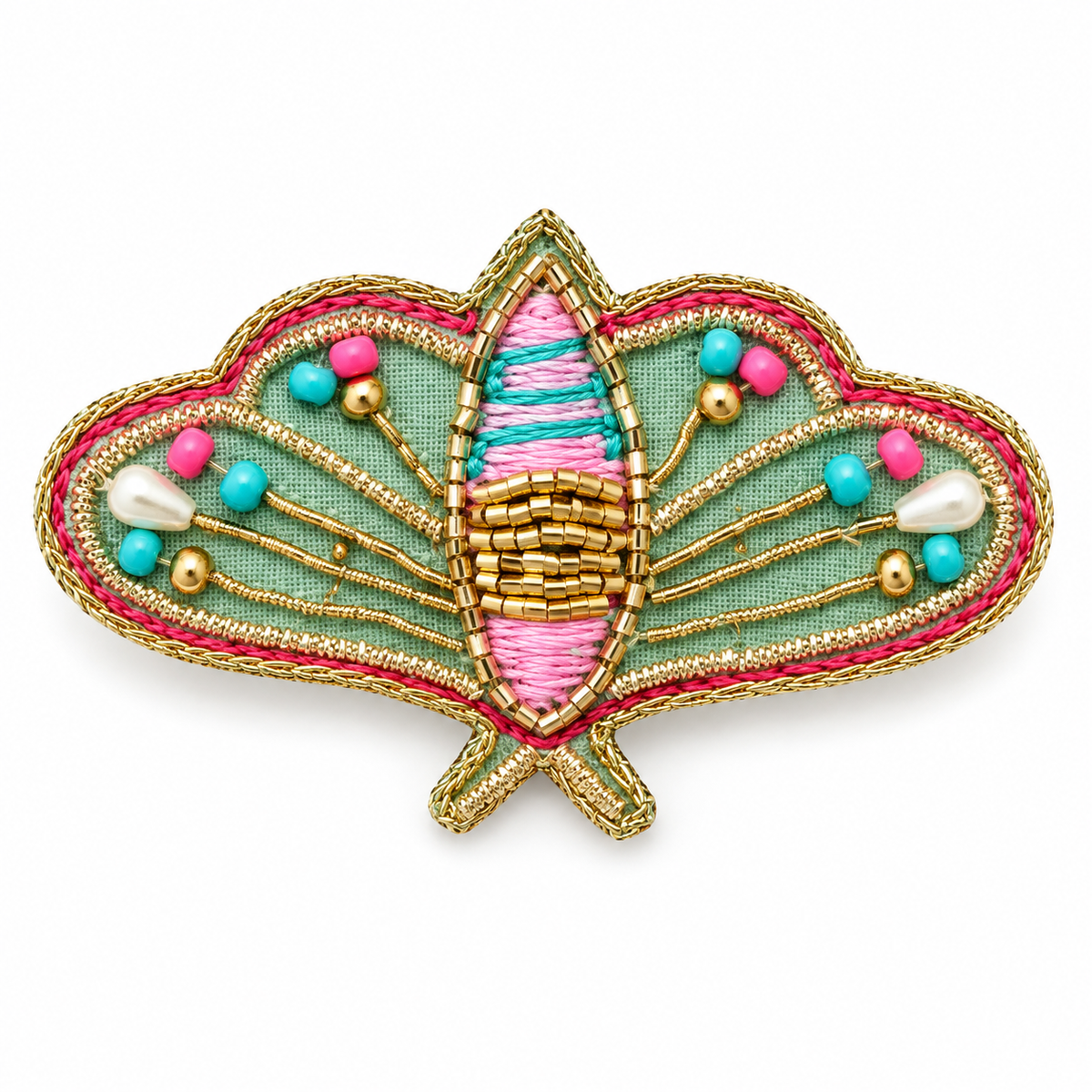 Broche polilla mariposa azul verdoso y rosa sobre fondo blanco