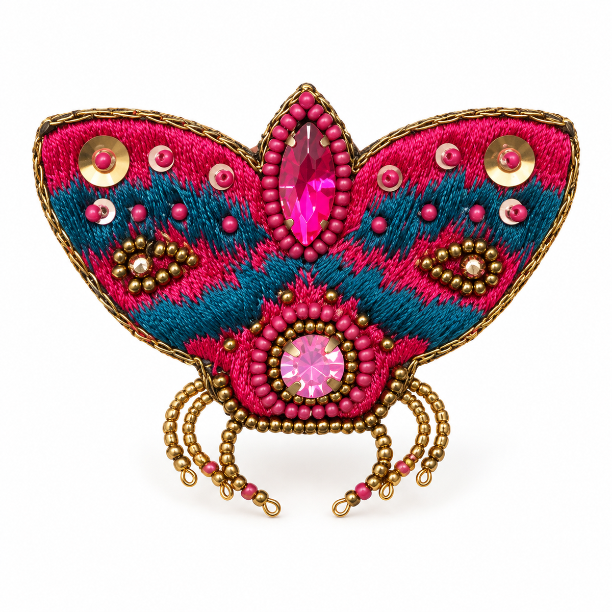 Broche polilla mariposa rosa fucsia y azul sobre fondo blanco
