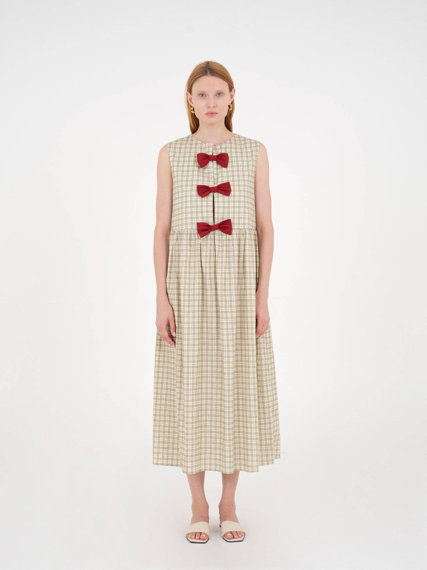 Vestido Cuadros Verde y Lazos Granates