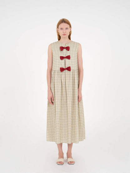 Vestido Cuadros Verde y Lazos Granates