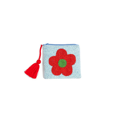 Cartera Monedero Clutch Cuentas Azul Flor Roja