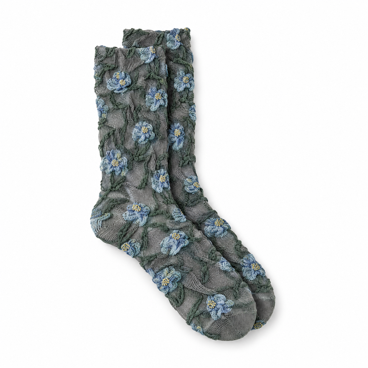 Calcetines Mujer Flores Fruncidas Bordadas Enredadera Gris Flores Azules