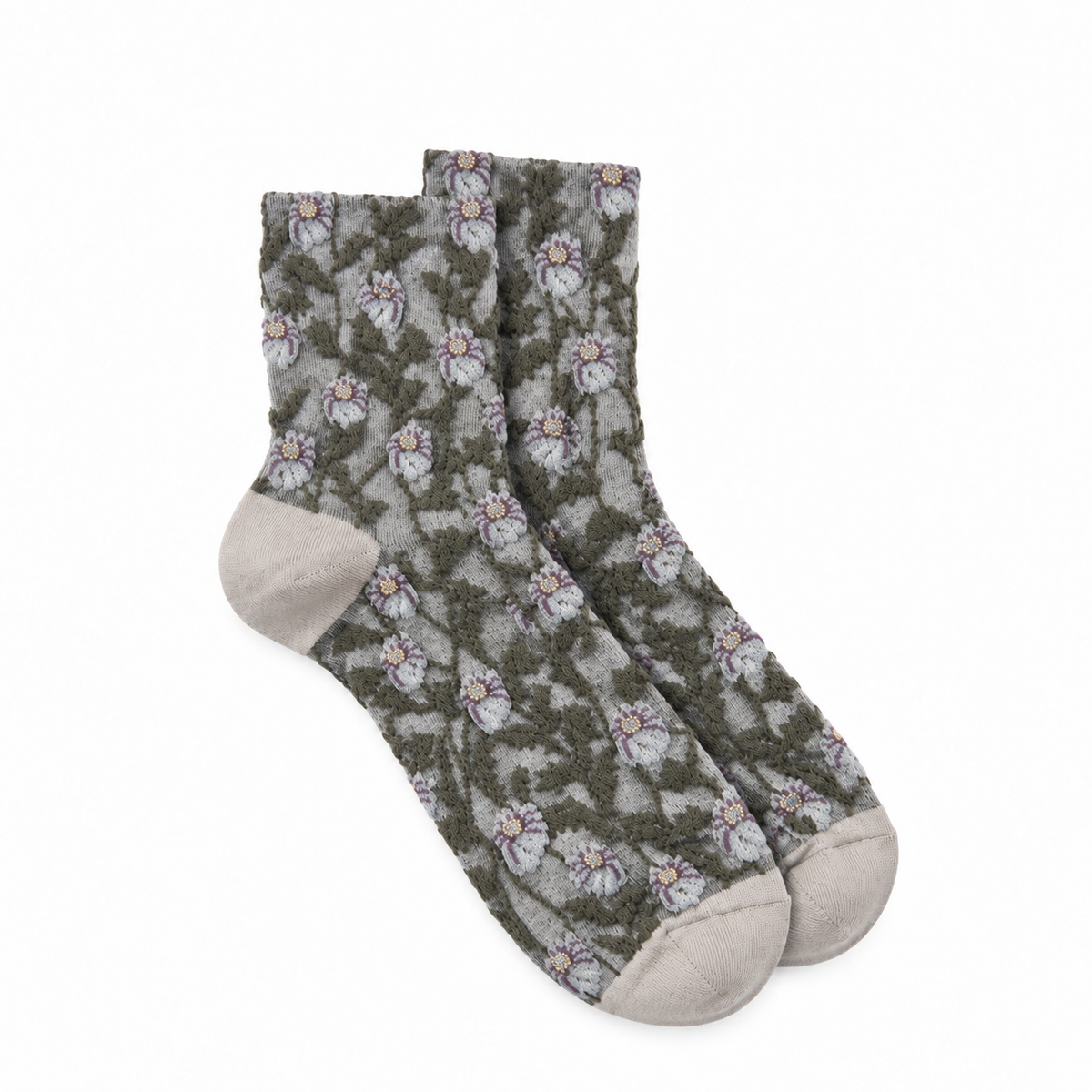 Calcetines Mujer Flores Fruncidas Bordadas Enredadera Gris
