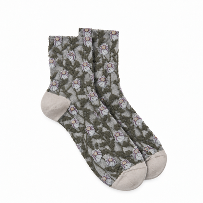 Calcetines Mujer Flores Fruncidas Bordadas Enredadera Gris