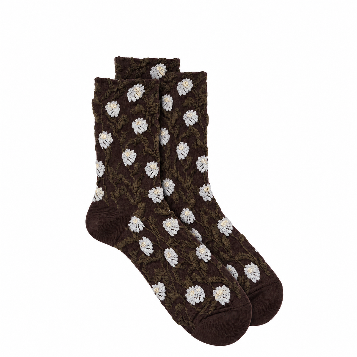 Calcetines Mujer Flores Fruncidas Bordadas Enredadera Marrón Oscuro