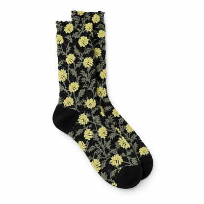 Calcetines Mujer Flores Fruncidas Bordadas Enredadera Negro Flores Amarillas