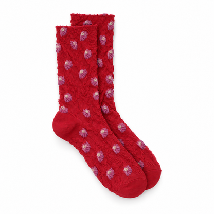 Calcetines Mujer Flores Fruncidas Bordadas Enredadera Rojo Flores Rosas