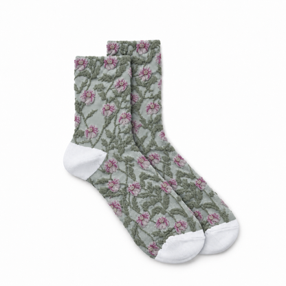 Calcetines Mujer Flores Fruncidas Bordadas Enredadera Verde Grisáceo