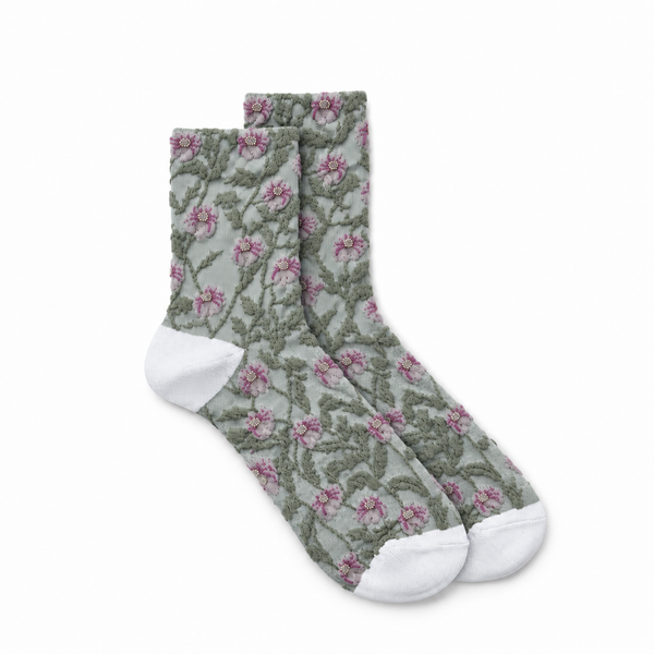 Calcetines Mujer Flores Fruncidas Bordadas Enredadera Verde Grisáceo