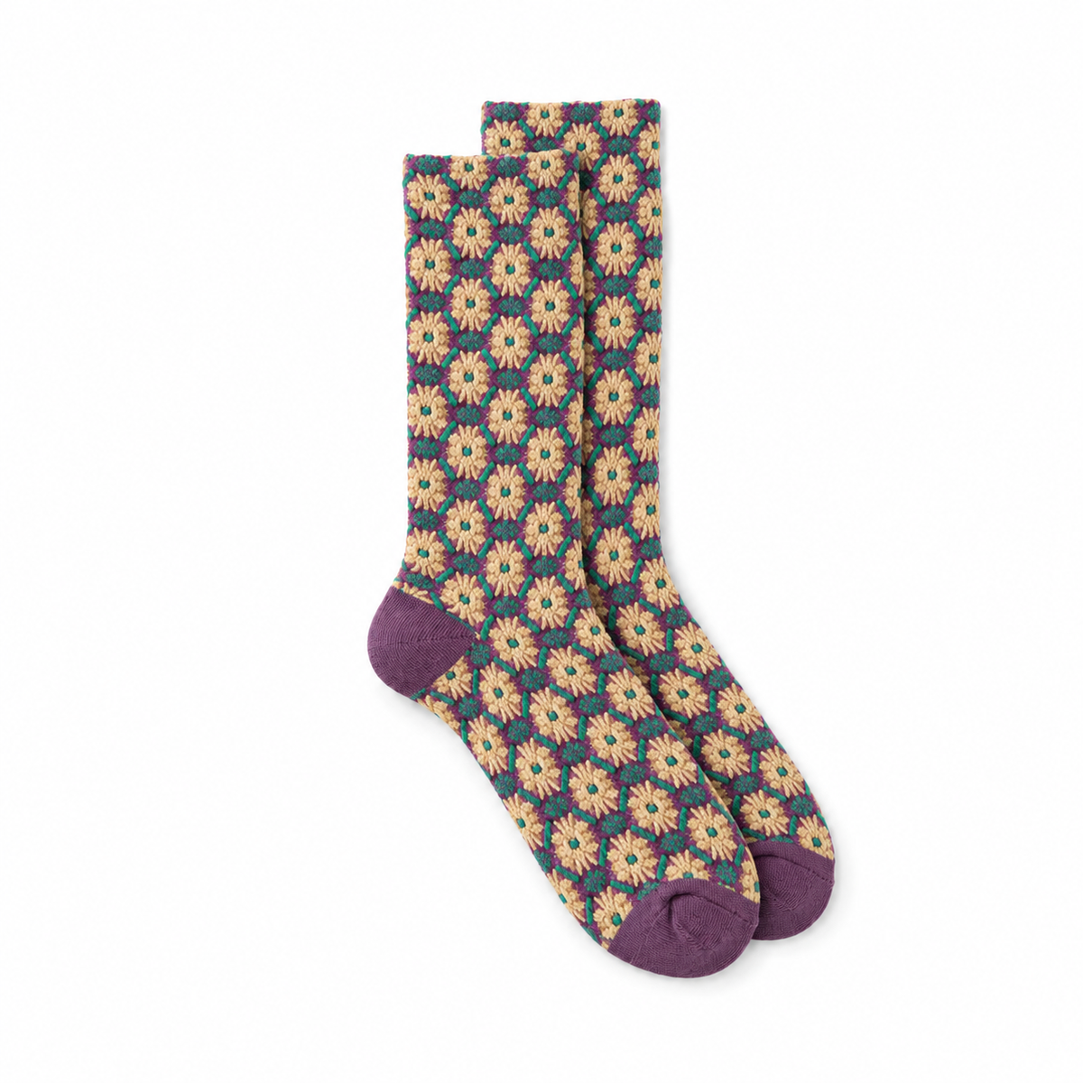 Calcetines Mujer Flores Fruncidas en Mosaico de Rombos - Morado