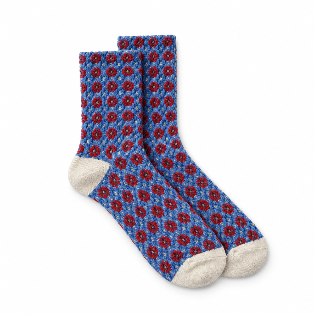 Calcetines mujer flores pequeñas en grecas, par Azul y rojo
