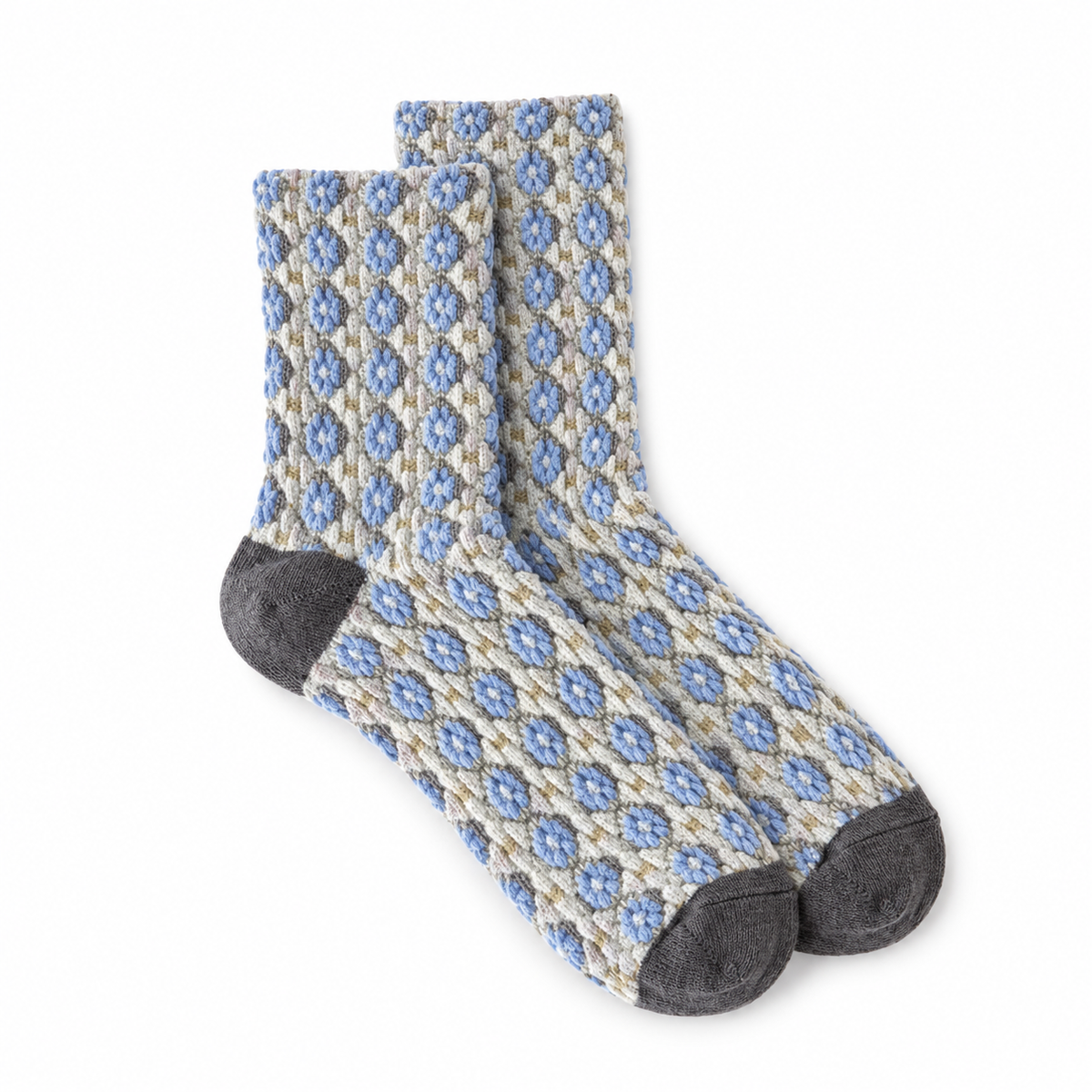 Calcetines mujer flores pequeñas en grecas, par Crema y azul
