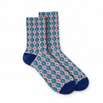 Calcetines mujer flores pequeñas en grecas, par Lila y turquesa