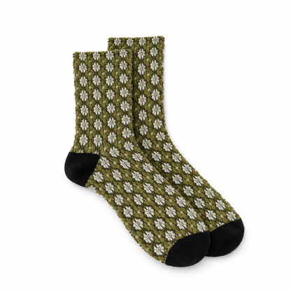 Calcetines mujer flores pequeñas en grecas, par Verde oliva