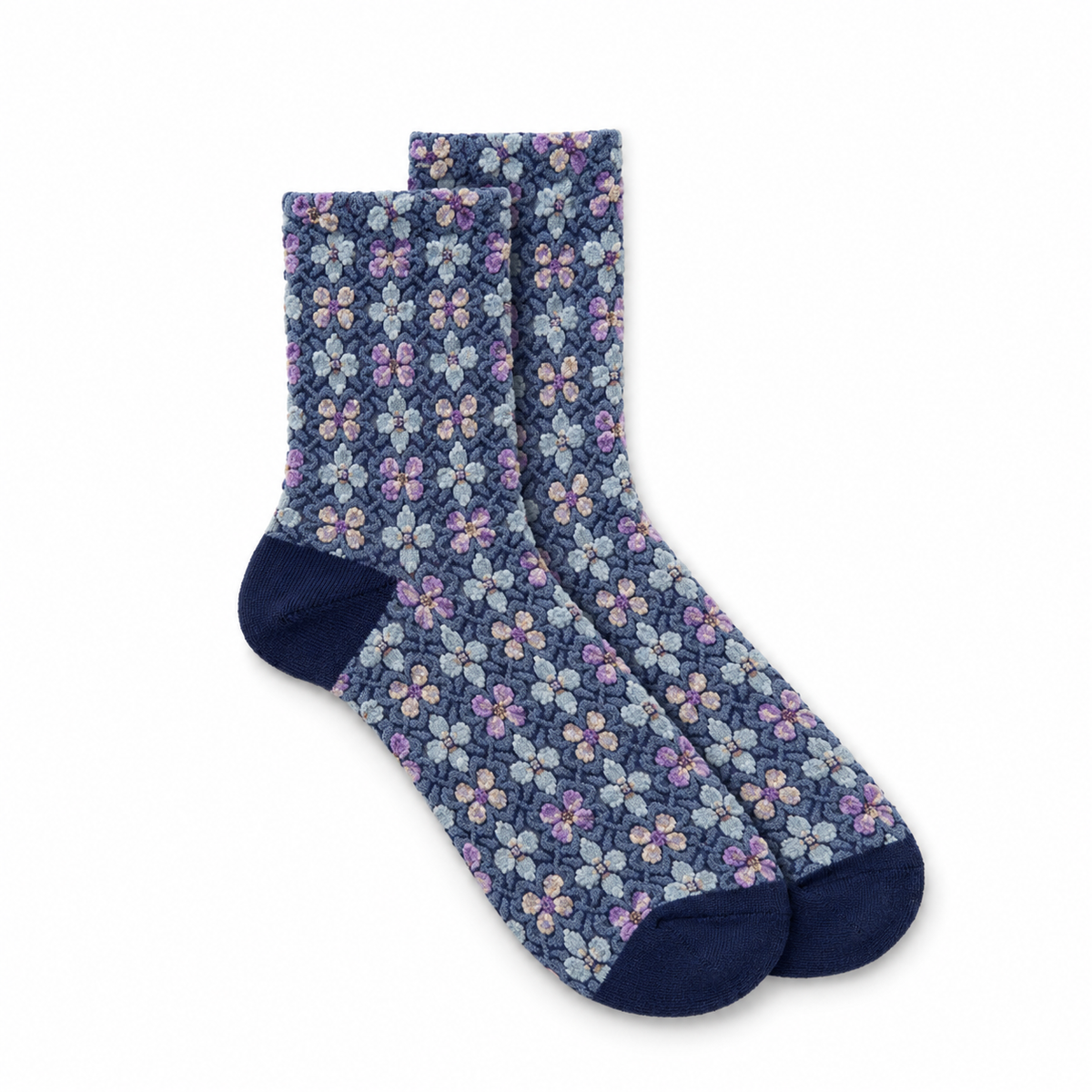 Calcetines flores bordadas grandes en mosaico, par Azul y lila