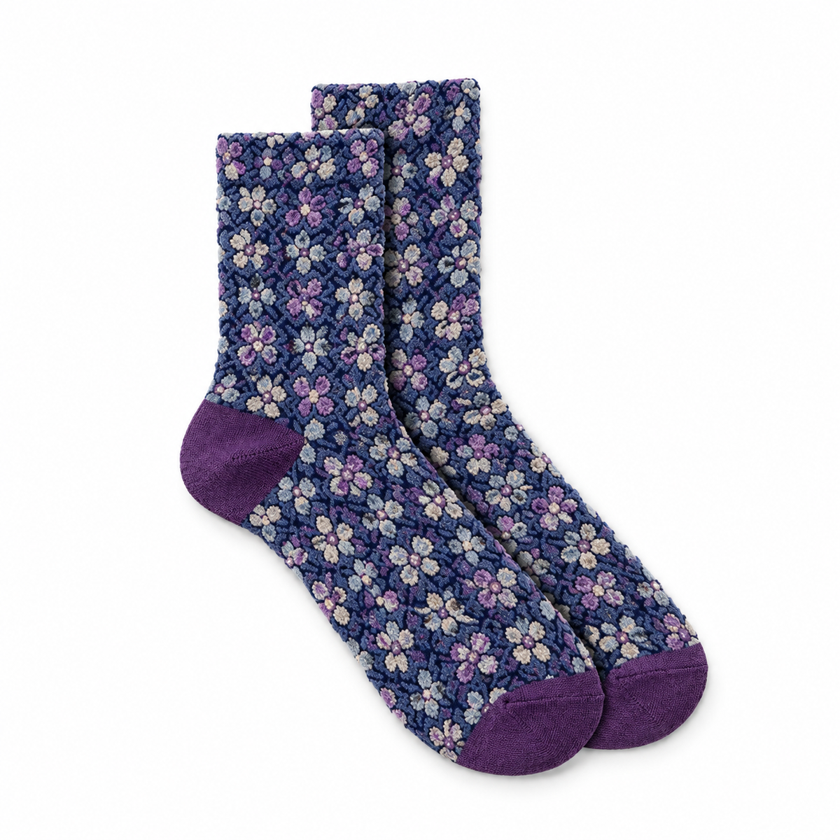 Calcetines flores bordadas grandes en mosaico, par Azul índigo y morado