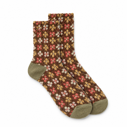 Calcetines flores bordadas grandes en mosaico, par Marrón