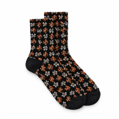 Calcetines flores bordadas grandes en mosaico, par Negro