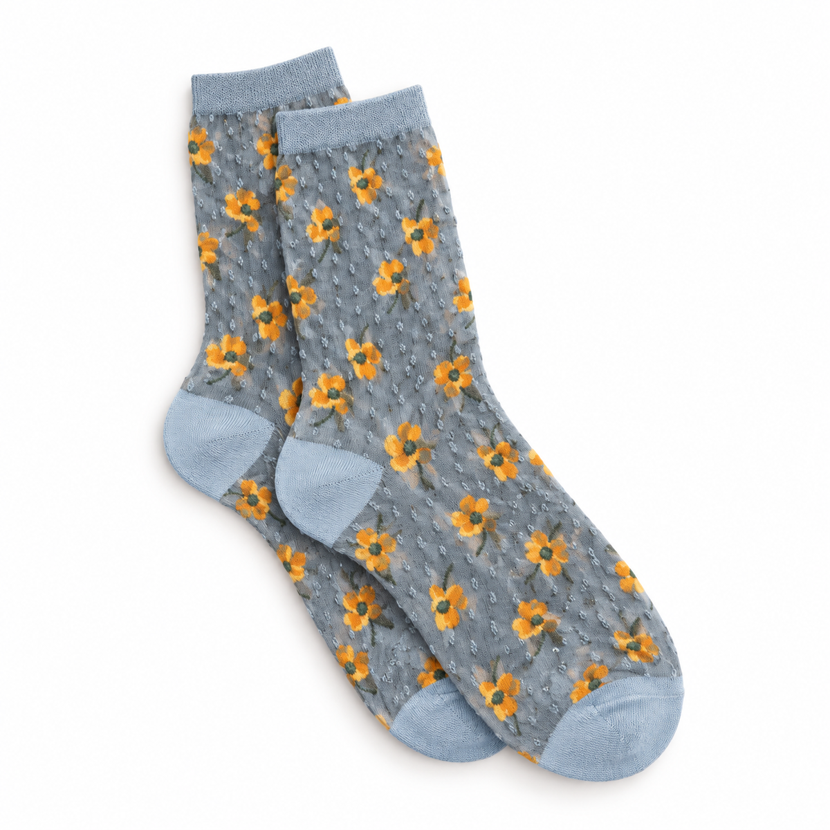 Calcetines de Mujer Transparentes con Flores y Plumeti Azul Claro