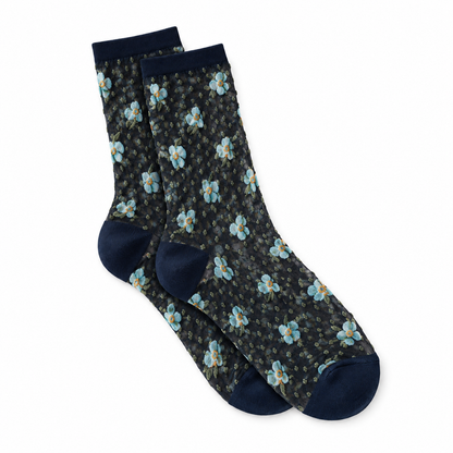 Calcetines de Mujer Transparentes con Flores y Plumeti Azul Marino