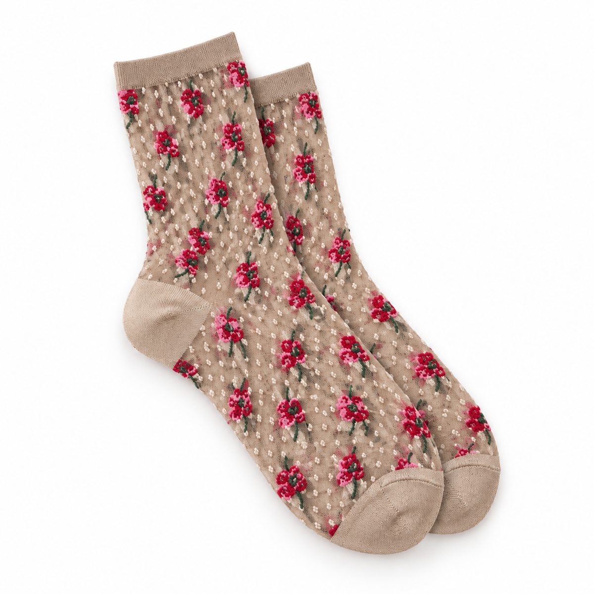Calcetines de Mujer Transparentes con Flores y Plumeti Beige