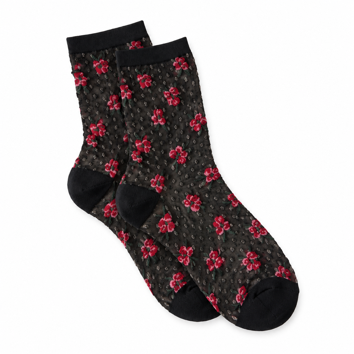 Calcetines de Mujer Transparentes con Flores y Plumeti Negro