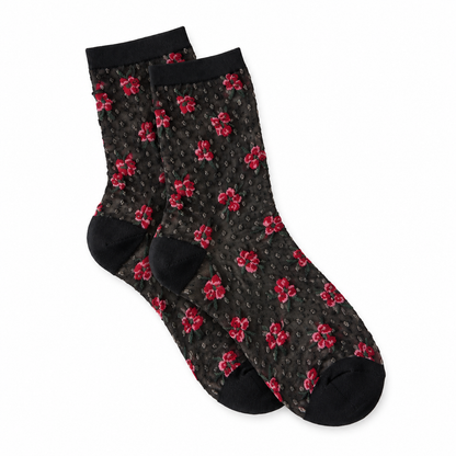 Calcetines de Mujer Transparentes con Flores y Plumeti Negro