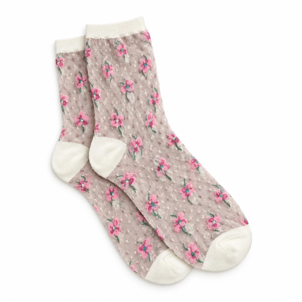 Calcetines de Mujer Transparentes con Flores y Plumeti Rosa con Blanco