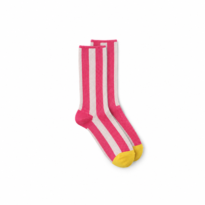 Calcetines Mujer Rayas Verticales Puntera Color - Blanco y fucsia, puntera amarilla