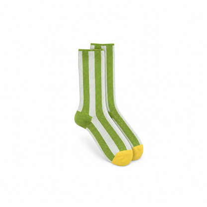 Calcetines Mujer Rayas Verticales Puntera Color - Verde y blanco, puntera amarilla