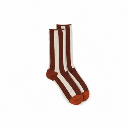Calcetines Mujer Rayas Verticales Puntera Color - Marrón y blanco, puntera naranja