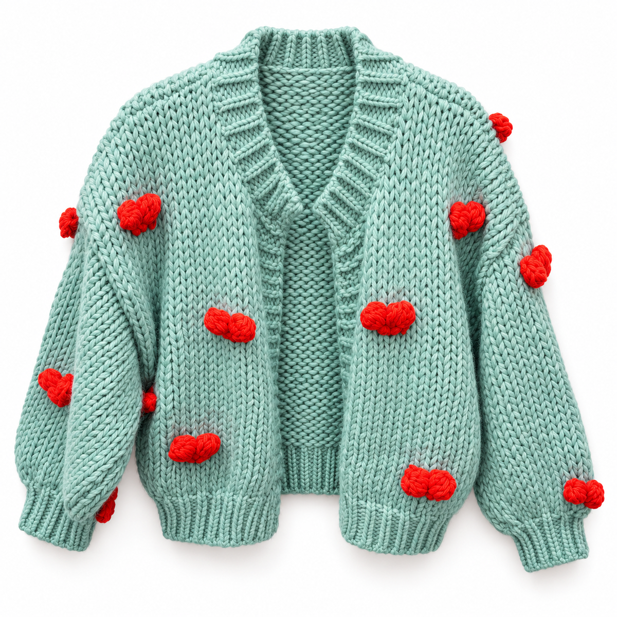Chaqueta de punto turquesa con corazones rojos sobre fondo blanco